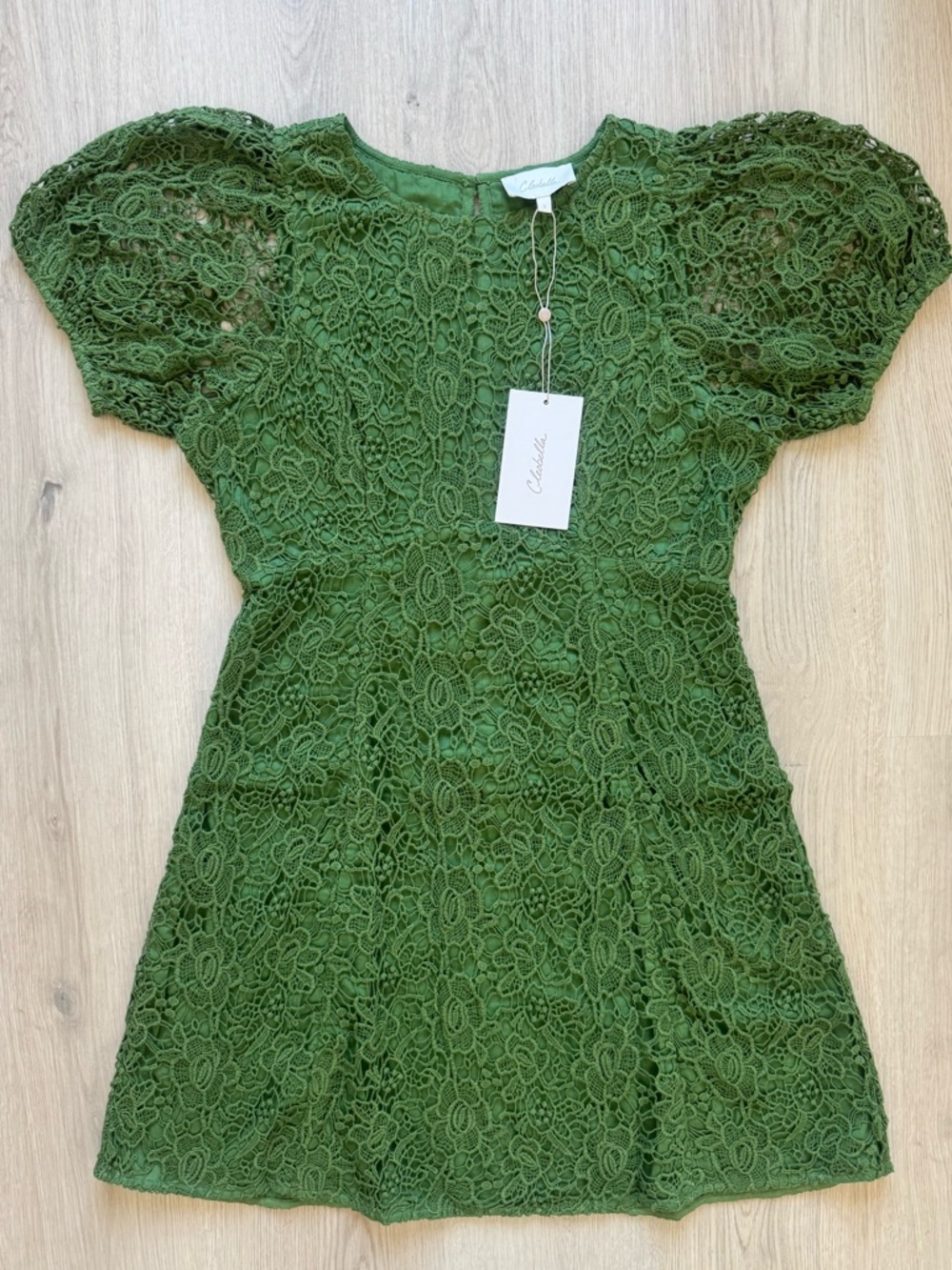 NWT CLEOBELLA Rare Ellicott Garden Green Lace Mini Dress Puff Sleeves Small